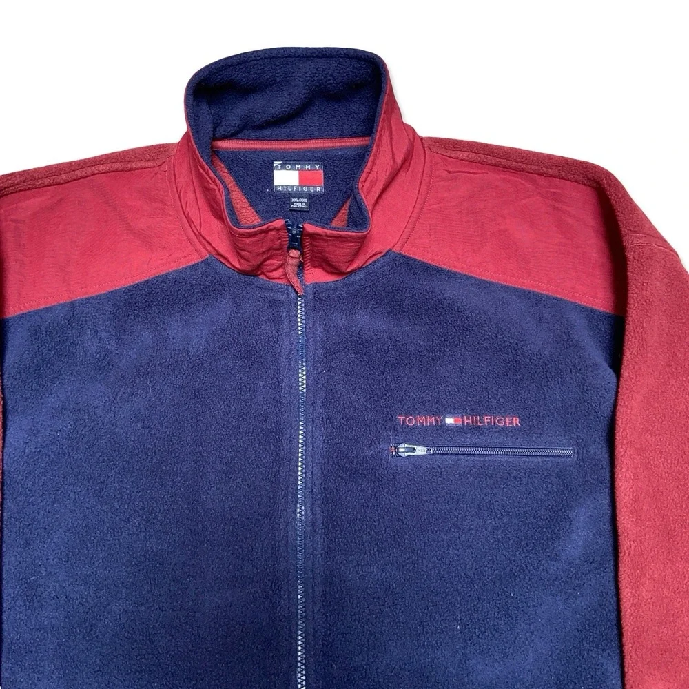 Vintage Tommy Hilfiger Fleece Jacket Full Zip Red Navy Blue Men's Sz XXL Y2K 90s